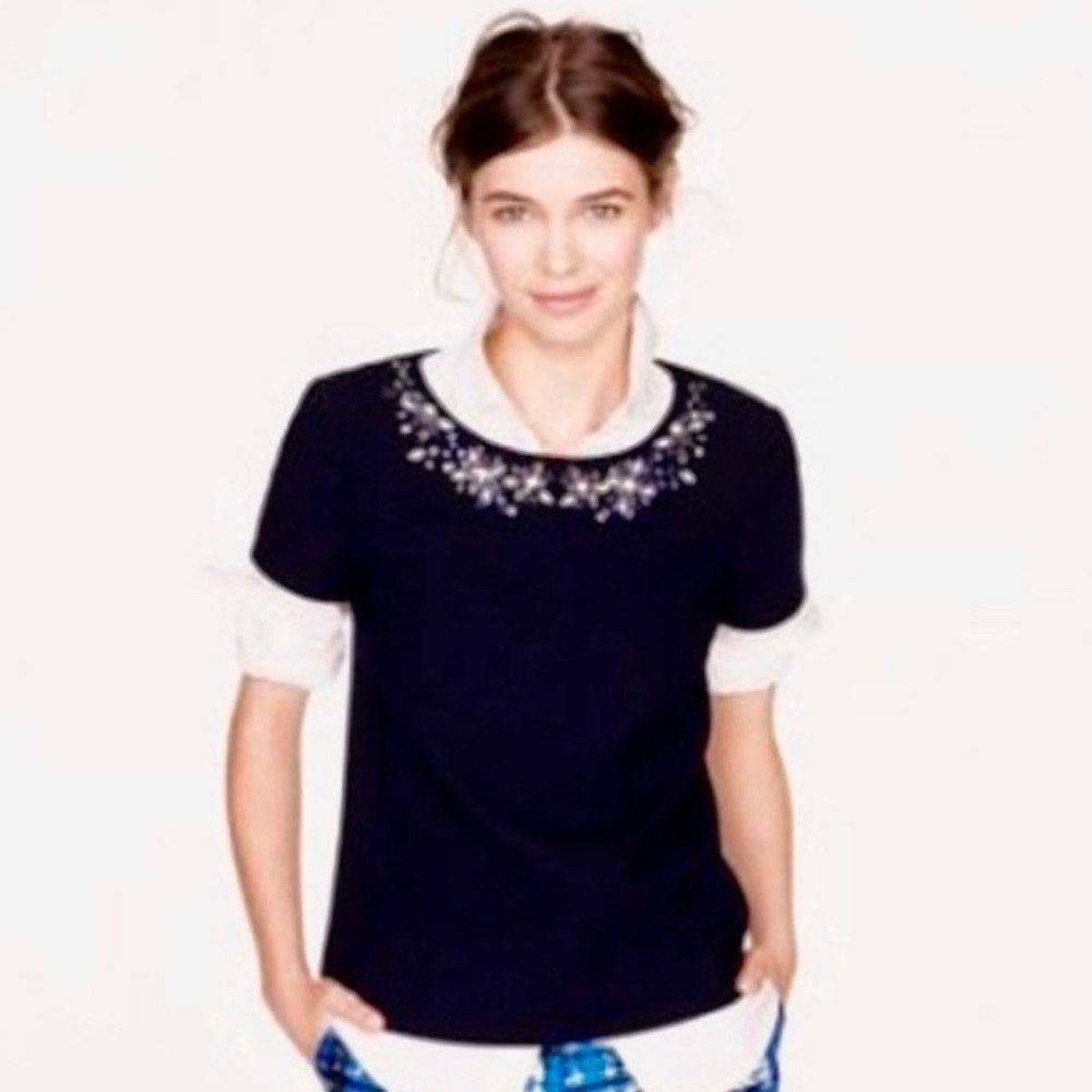 J CREW Jeweled Neck Wool Crepe Navy Blue top 00